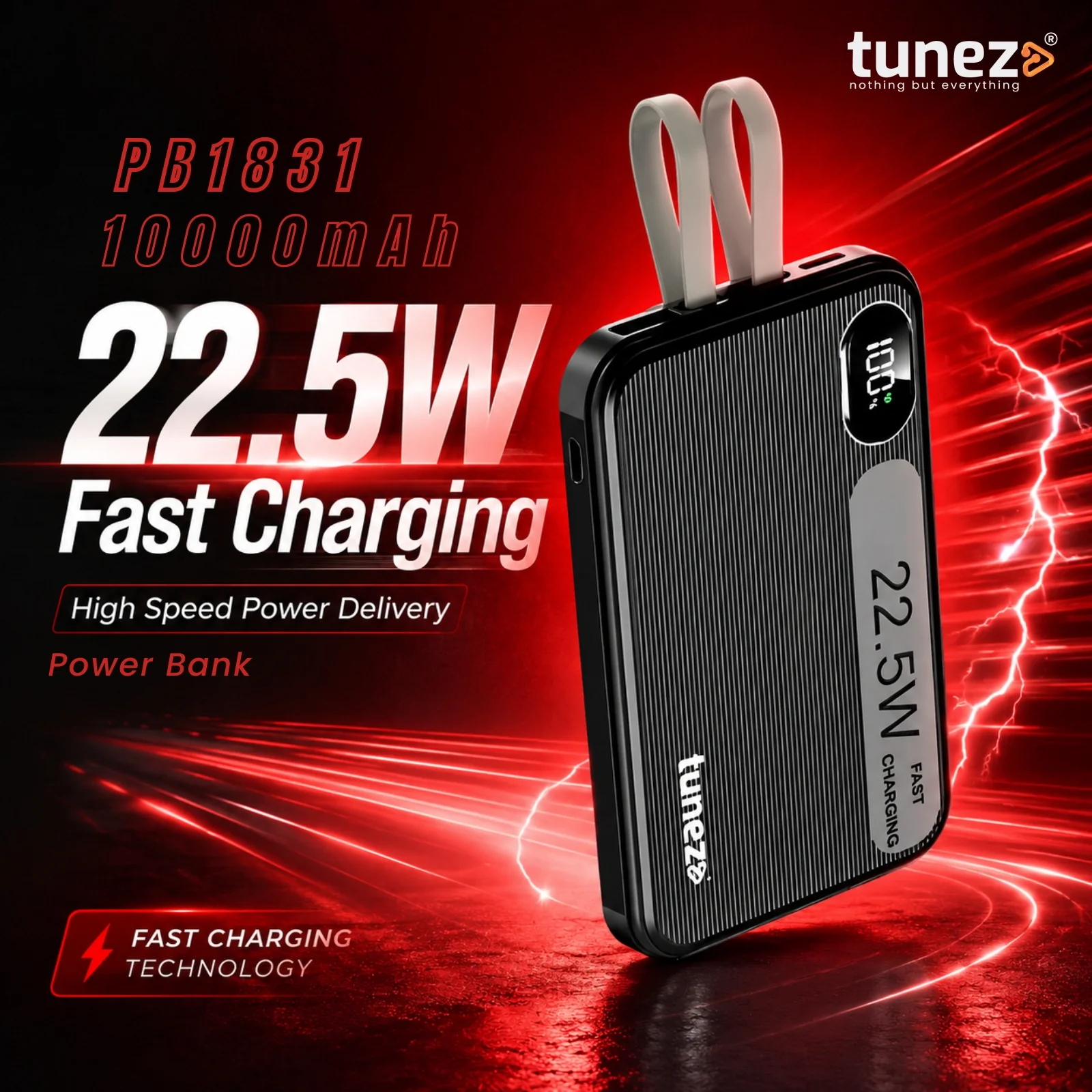 Tunez PB1831 10000mAh Power Bank | Inbuilt Charging Cables, 22.5W - Image 3