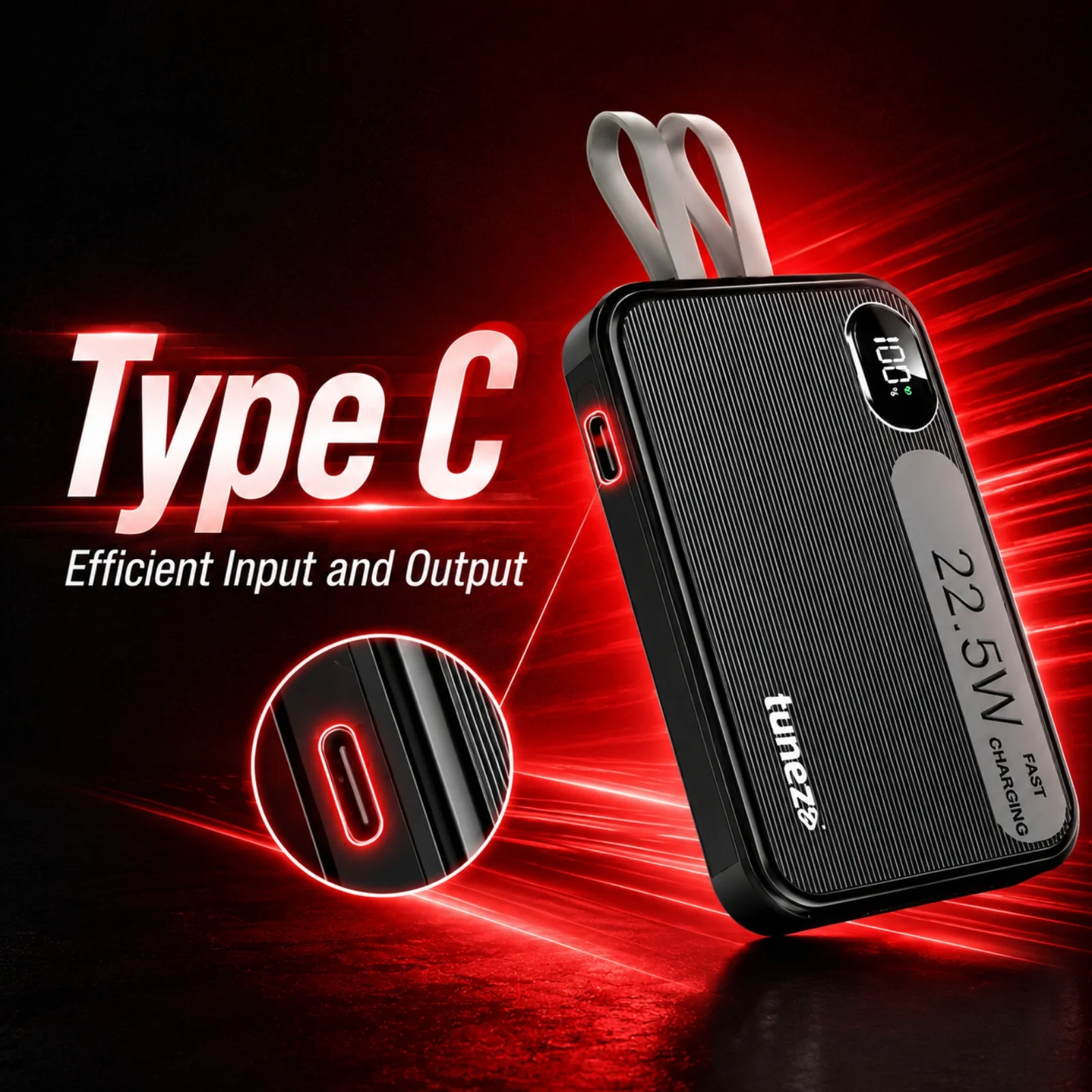 Tunez PB1831 10000mAh Power Bank | Inbuilt Charging Cables, 22.5W - Image 4