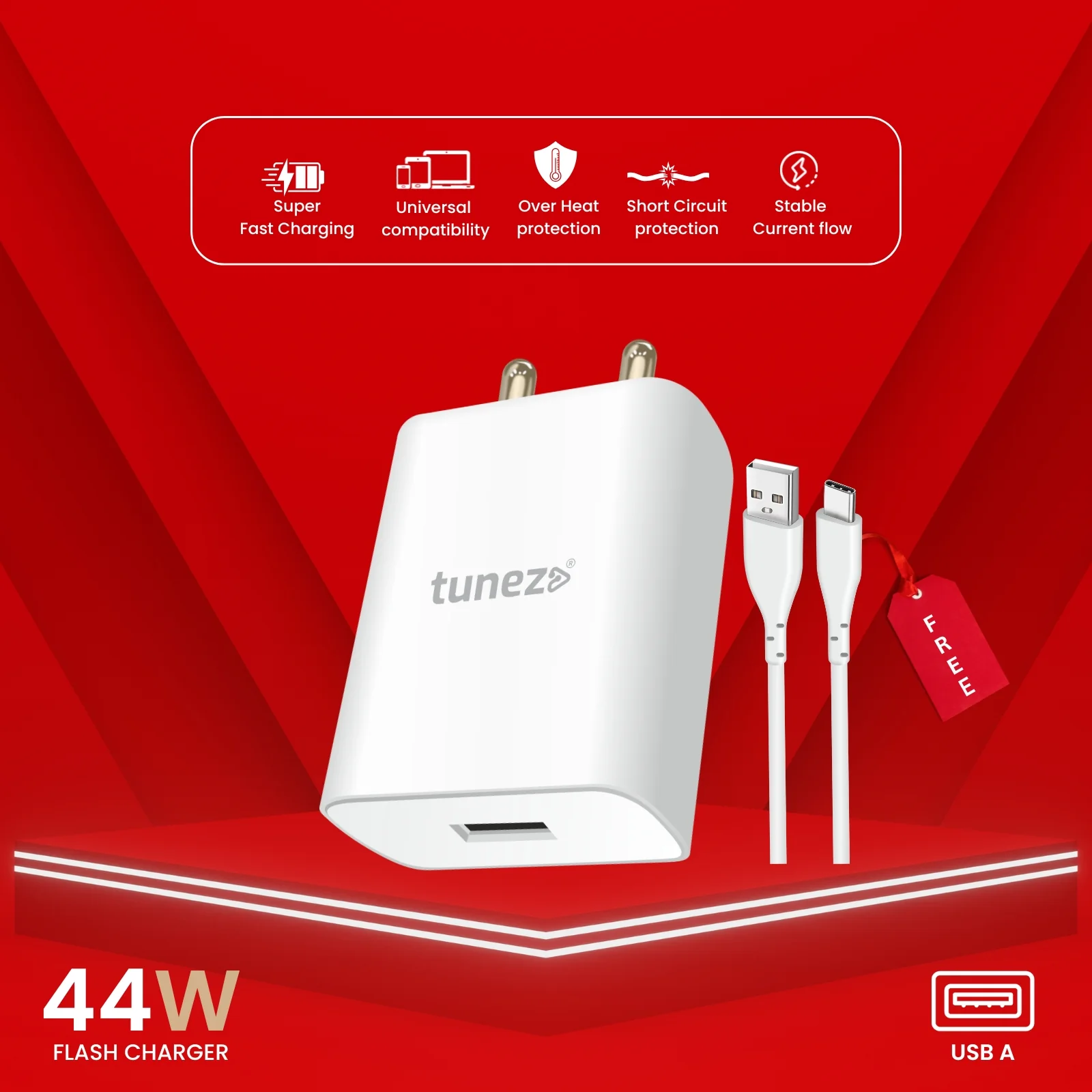 Tunez W172 Super Fast Phone Charger with USB-A to Type-C Data Cable - Image 4