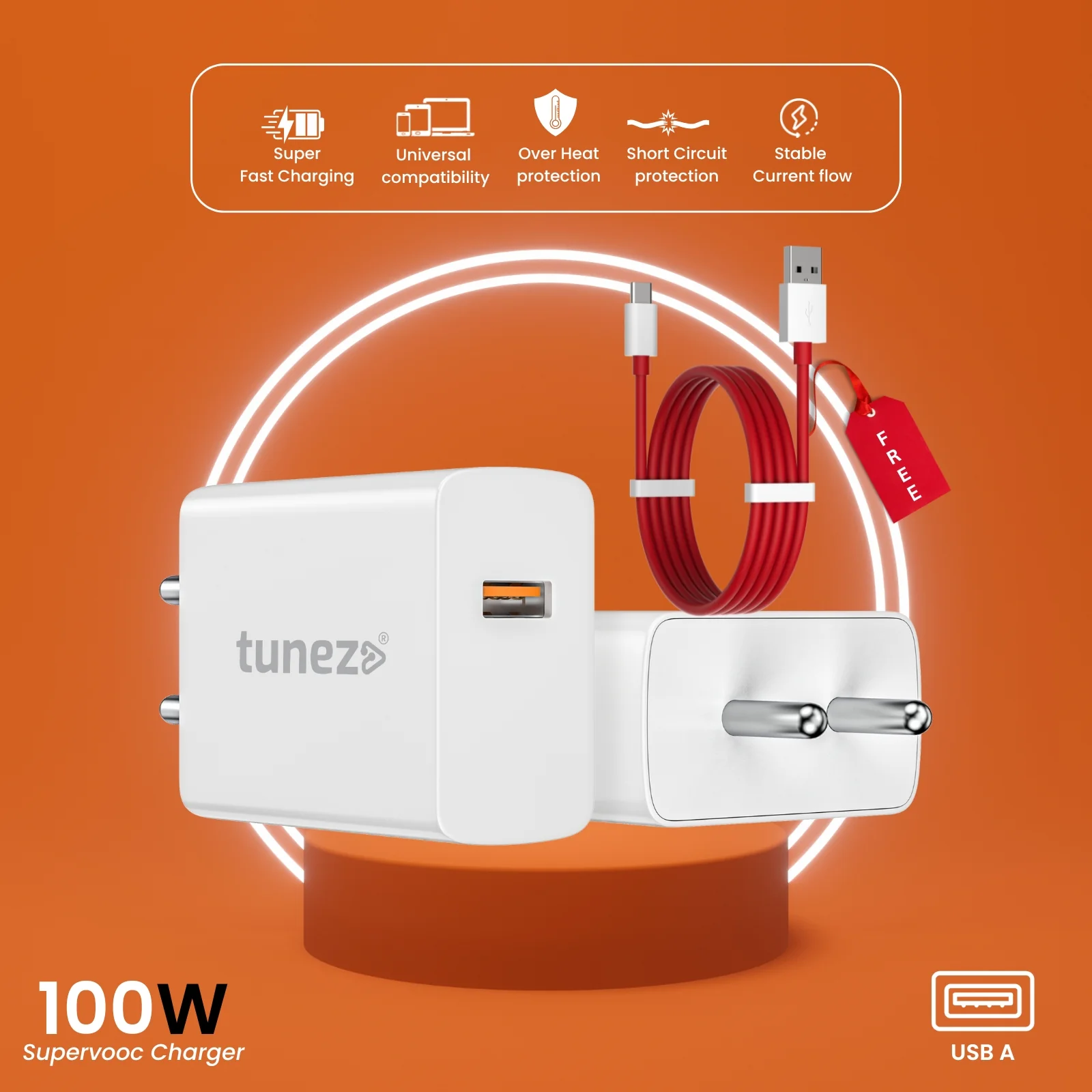 Tunez W192 100W SuperVOOC Fast Charger with USB-A to Type-C Data Cable - Image 4